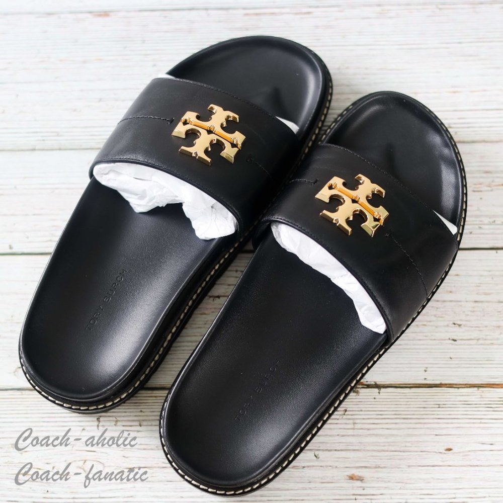 NIB Tory Burch Everly Anatomic Lug Nappa Leather Slide Sandal Size 8 in Black - Picture 3 of 10
